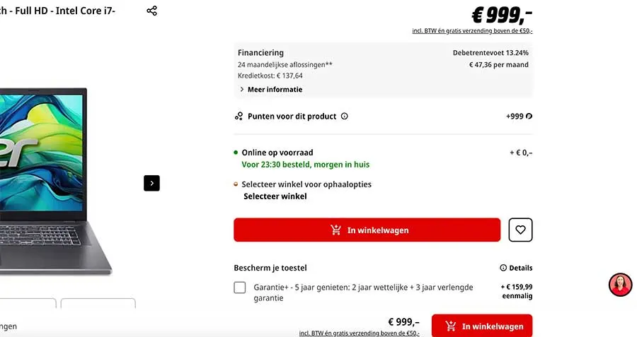 Page produit d’un ordinateur portable : prix 999 €, financement disponible, en stock en ligne avec livraison demain, bouton « Ajouter au panier » et options de garantie et retrait en magasin.