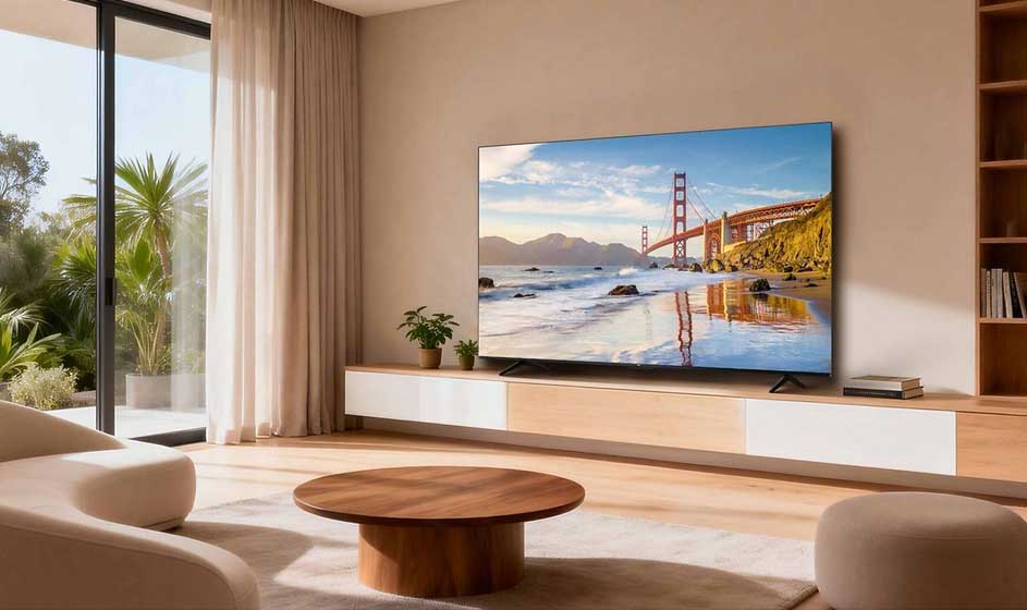 Un salon moderne montre une grande télé avec un paysage côtier et un pont, près d’une table ronde et de larges fenêtres.