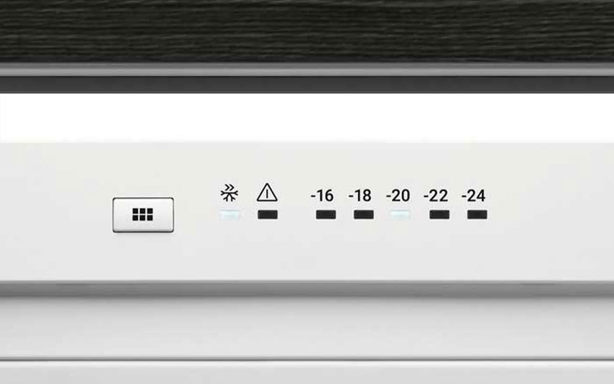 Panneau de commande blanc avec boutons et symboles, affichant des réglages de température de -16 à -24.