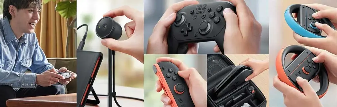Verschillende Nintendo Switch-accessoires, controllers en een draagtas worden gebruikt tijdens het gamen.