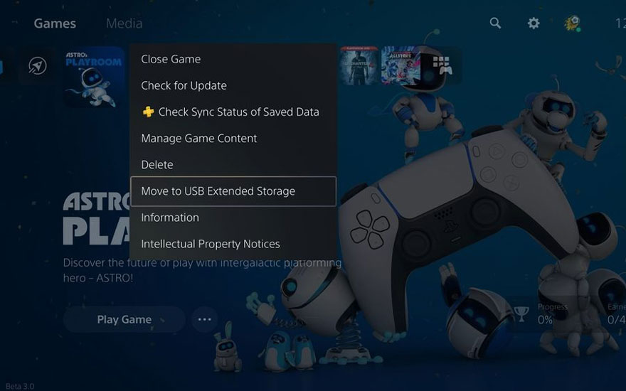 A PS5 menu displays options for “Astro’s Playroom”, with a white DualSense controller and Astro Bots against a blue background.