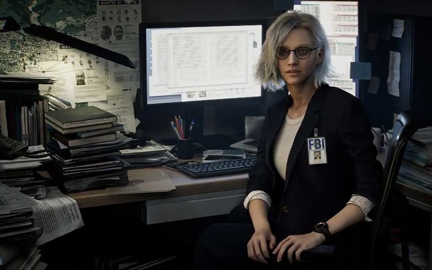 This is a video game. A woman with glasses and an FBI badge sits in a cluttered office of files; a glowing monitor behind her, maps pinned on walls.