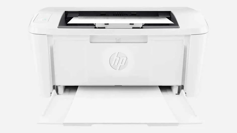 White HP laser printer with compact design, open paper tray visible and HP logo positioned on the front face of the device.