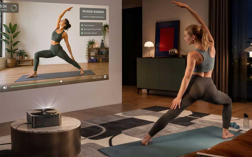 Une femme suit un cours de yoga à domicile en reproduisant la posture de l’instructrice projetée en grand sur le mur.