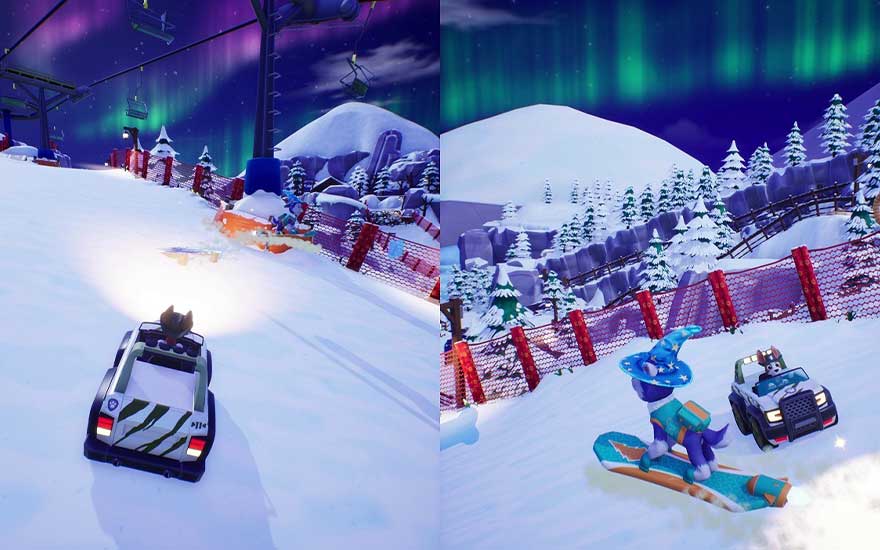Op een besneeuwde piste racen tekenfilmwagens naast een snowboarder onder kleurrijk noorderlicht, met liften en sparren op de achtergrond.