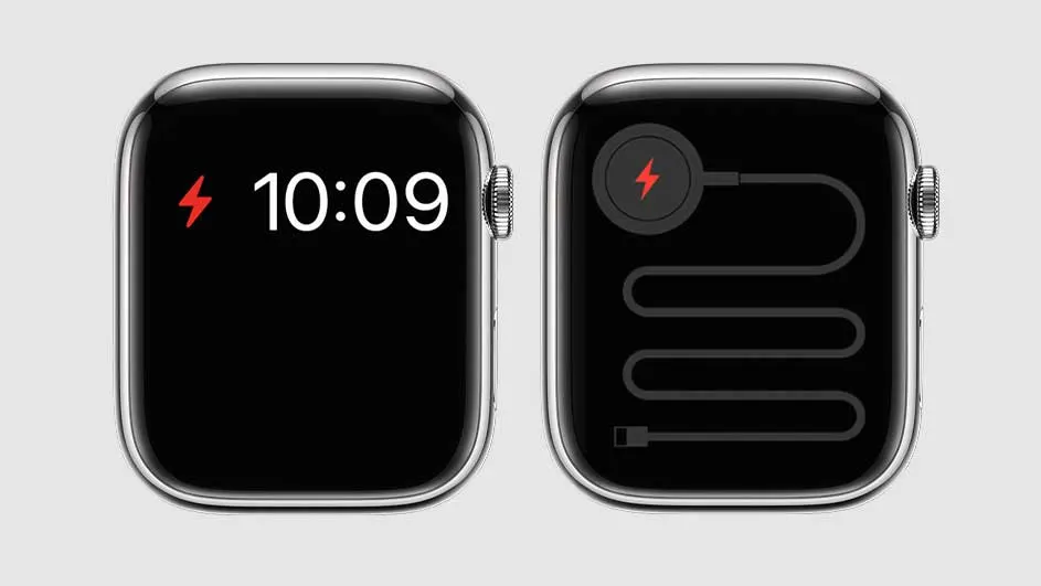 Twee Apple Watches naast elkaar. Links: zwart scherm met rode bliksem en witte tijd '10:09'. Rechts: laadkabel op zwart scherm.
