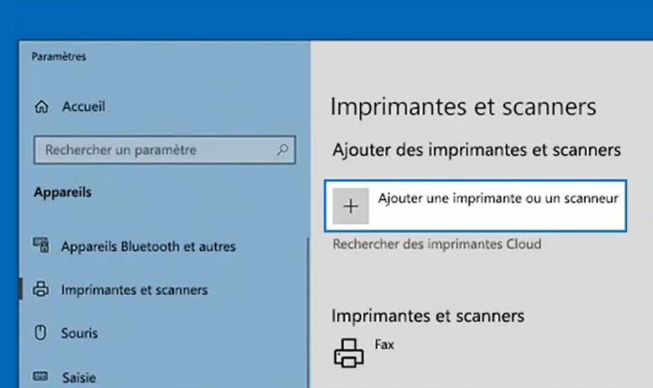 Paramètres Windows affichant "Imprimantes et scanners". L'option "Ajouter une imprimante ou un scanneur" est mise en évidence.