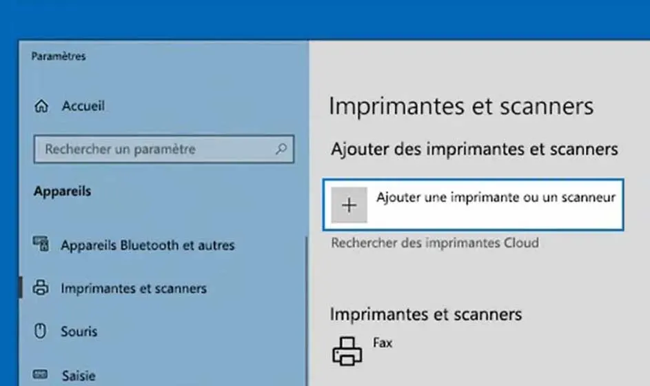 Paramètres Windows affichant "Imprimantes et scanners". L'option "Ajouter une imprimante ou un scanneur" est mise en évidence.