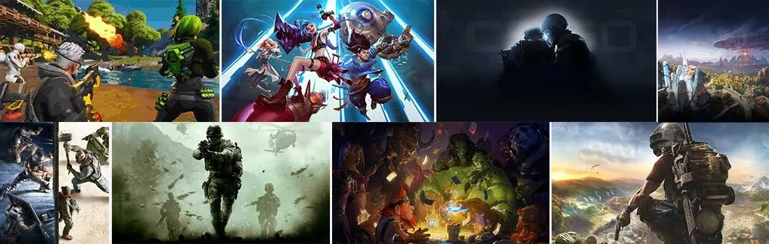 The image shows nine video game scenes. Various settings, including forests, battlefields, and fantasy landscapes, are depicted with weaponry and action.