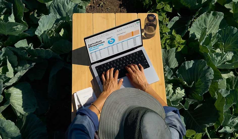 Een laptop op een houten tafel met landbouwsoftware, omringd door groene koolbladeren. Een waterfles staat rechtsboven.