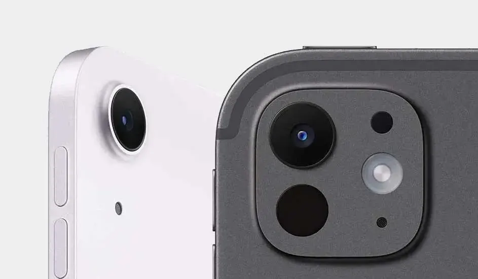 Two tablets are shown closely. One is white with one camera lens. The other is dark gray with three lenses and a flash.