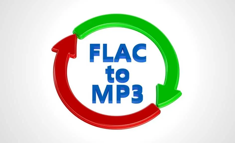Een logo met de tekst "FLAC to MP3" in blauwe letters, omringd door rode en groene pijlen in een cirkel.