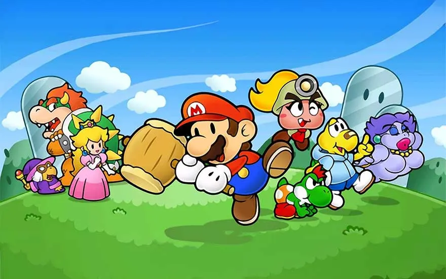 Een tekening van Mario-personages op een groen landschap onder een blauwe hemel met witte wolken.