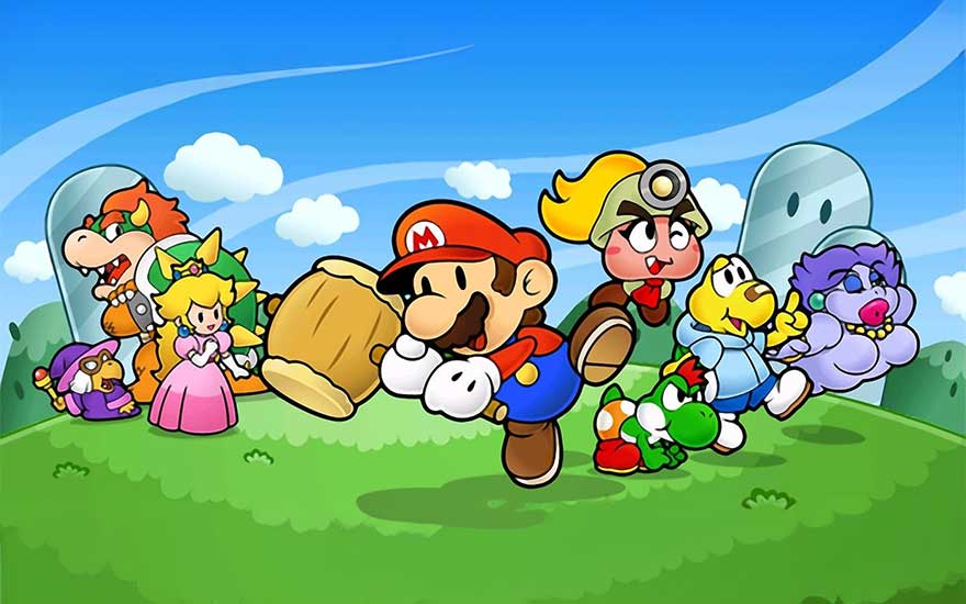 Dessin animé avec des personnages de jeux vidéo sur une colline verte sous un ciel bleu nuageux.