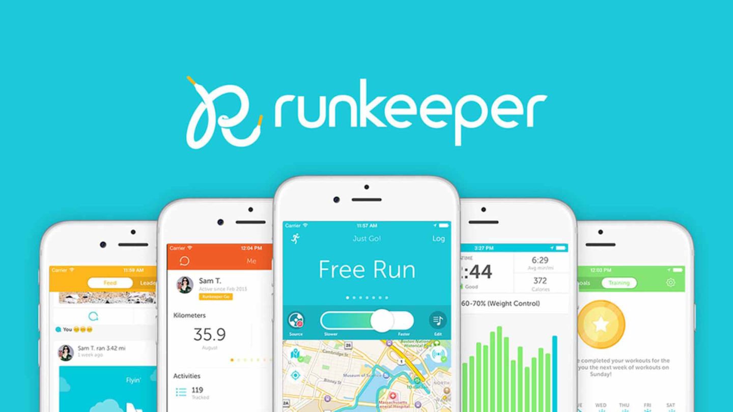 Vijf witte smartphones tonen de Runkeeper-app tegen een blauwe achtergrond met het Runkeeper-logo. De schermen tonen verschillende app-functies.