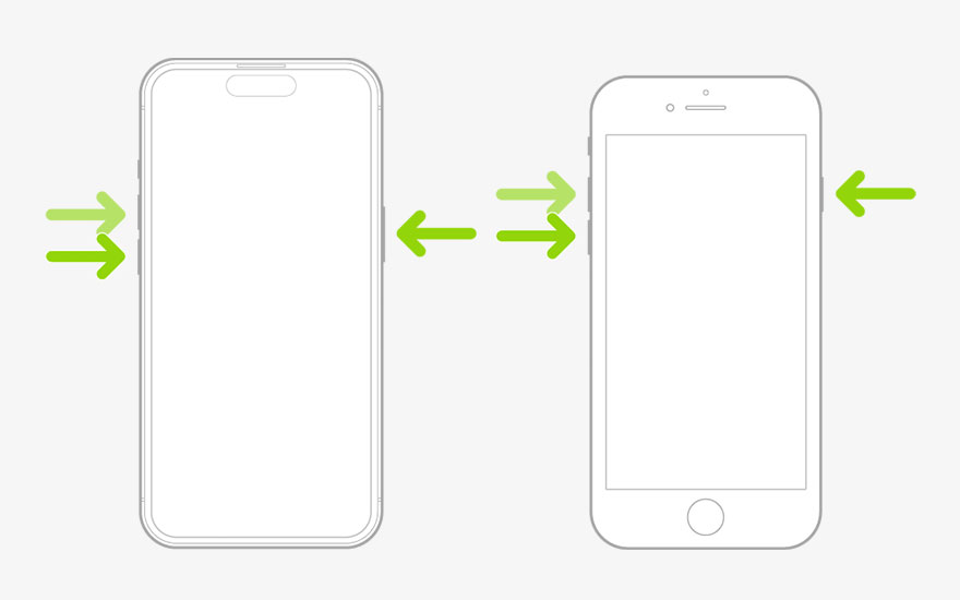 Deux schémas de téléphones montrent l'emplacement des boutons latéraux avec des flèches vertes.