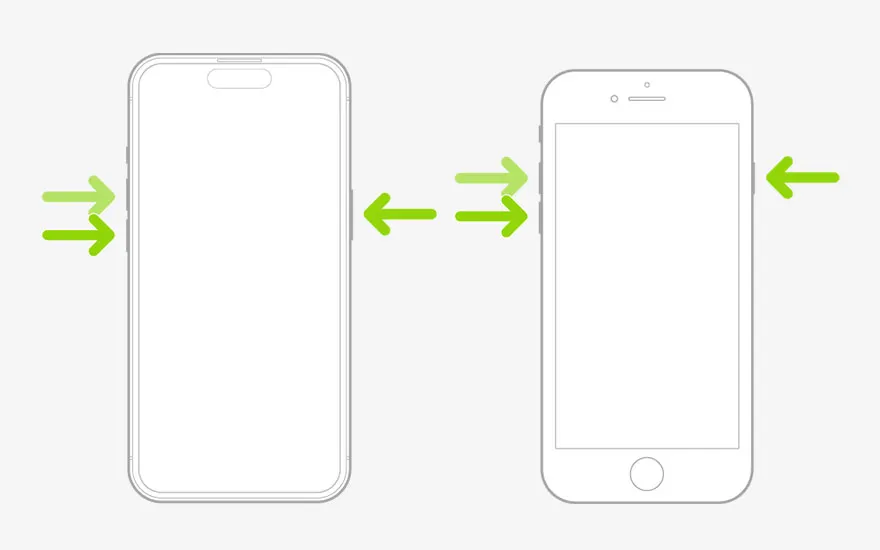 Deux schémas de téléphones montrent l'emplacement des boutons latéraux avec des flèches vertes.