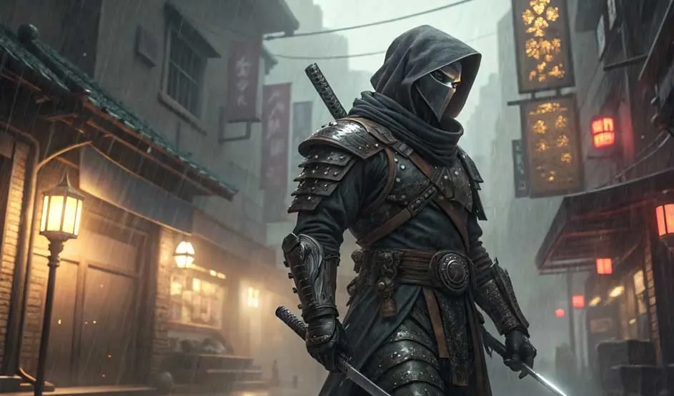 Un ninja capuchonné en armure avance dans une ruelle pluvieuse bordée d’échoppes, éclairée par des lanternes rouges au halo mélancolique.