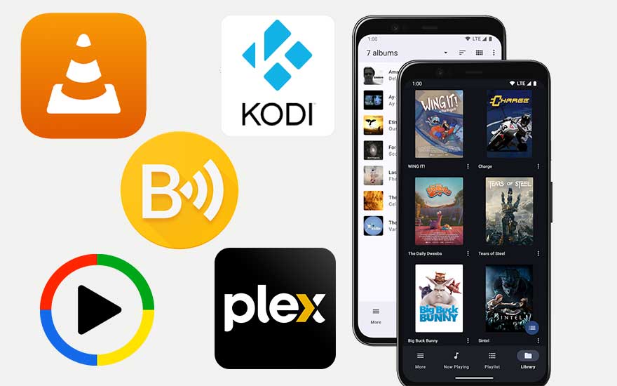 Logos d'applications multimédias variés et deux smartphones affichant des interfaces d'applications sur fond gris.
