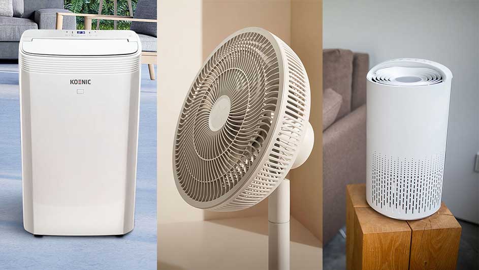 Drie witte apparaten: een airco, een ventilator en een luchtreiniger, staan in een interieursetting.