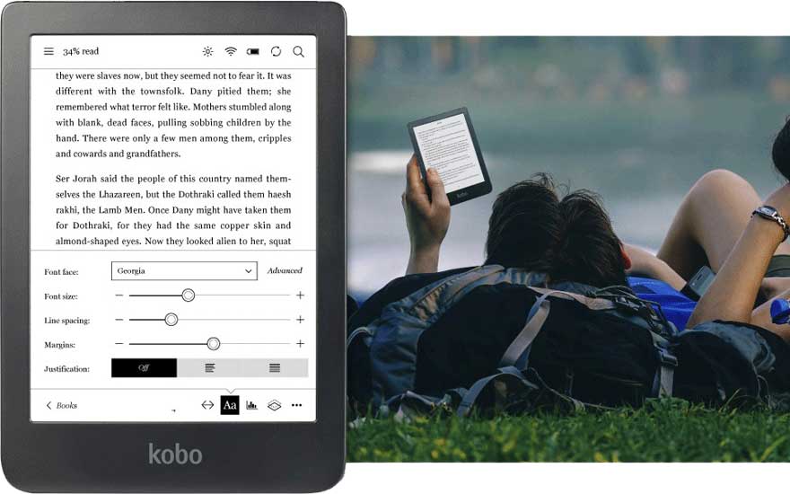 Liseuse Kobo affichant du texte et des options de personnalisation. En arrière-plan, une scène extérieure avec de l'herbe.