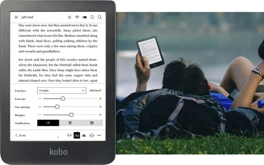 Liseuse Kobo affichant du texte et des options de personnalisation. En arrière-plan, une scène extérieure avec de l'herbe.