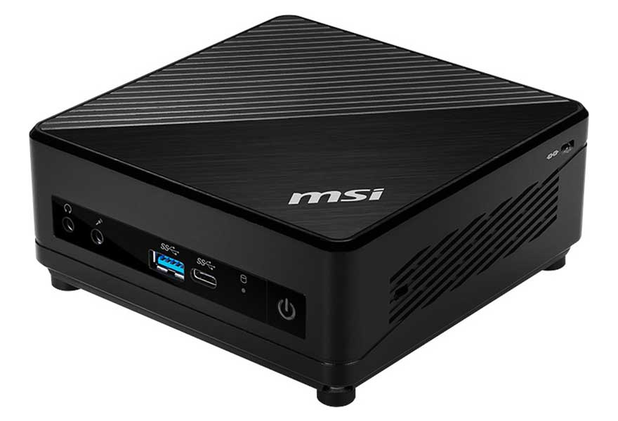 Zwarte MSI mini-pc met horizontale lijnen aan de bovenkant, USB-poorten en een aan/uit-knop aan de voorkant.