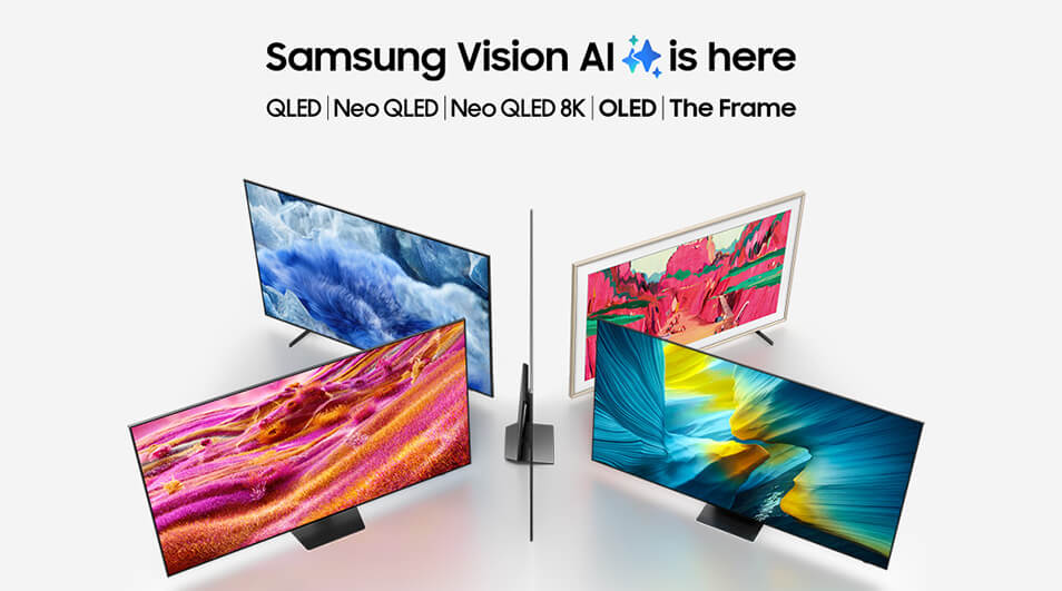 Vier Samsung televisies tonen kleurrijke beelden op een witte achtergrond, met reclame voor Samsung Vision AI.