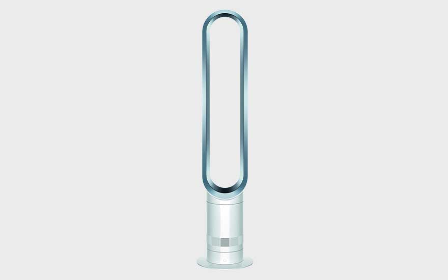 A sleek bladeless fan in white and blue stands alone on a light background, featuring a modern, elegant design.