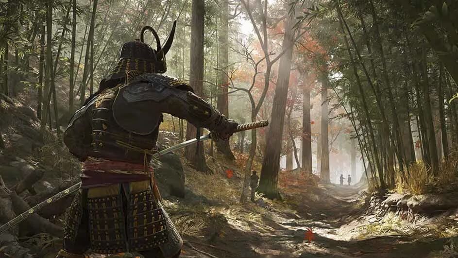 Un guerrier en armure tient une épée dans une forêt dense avec des bambous et un chemin menant à deux silhouettes au loin.