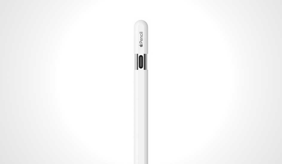 Un Apple Pencil blanc sur fond blanc. Le crayon a une extrémité arrondie et un connecteur noir. Le mot "Pencil" est imprimé sur le côté.