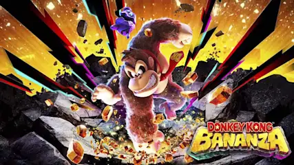 Een kleurrijke afbeelding van Donkey Kong Bananza met rotsen en gouden kubussen op een gele achtergrond.