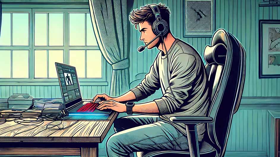 Un bureau avec un ordinateur portable ouvert, casque audio, livres et une chaise noire, sur fond de fenêtre et de murs verts.