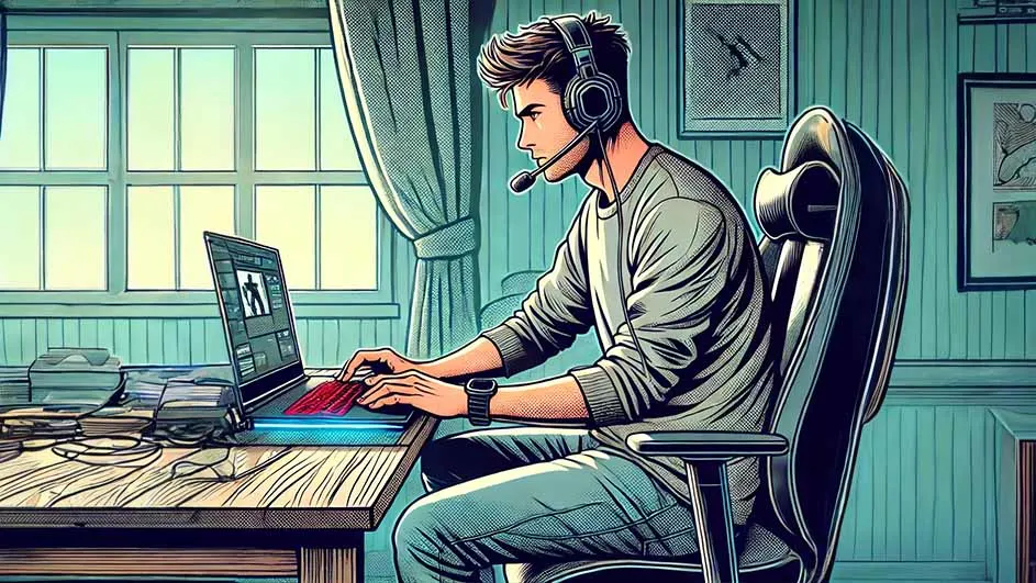 Un bureau avec un ordinateur portable ouvert, casque audio, livres et une chaise noire, sur fond de fenêtre et de murs verts.