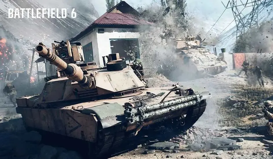 Il s’agit d’un jeu vidéo. Parmi la fumée et les explosions, des chars et des soldats avancent dans un village détruit, des débris partout.