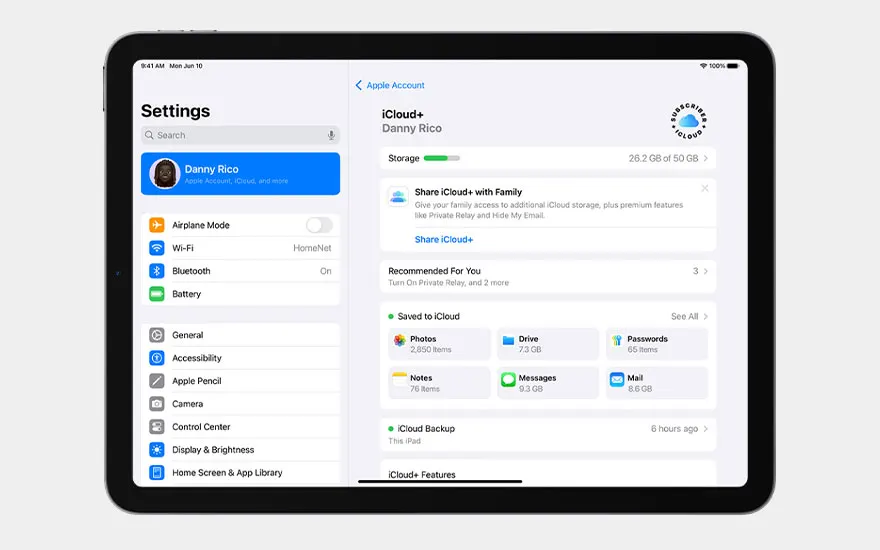 iPad Settings displaying Danny Rico's iCloud+ account. Storage, family sharing and backup options with various application synchronisation.
