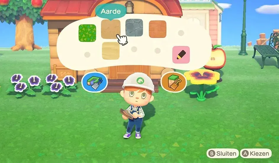 Un petit personnage se tient devant sa maison dans Animal Crossing, choisit un type de sol dans un menu flottant, près de fleurs colorées