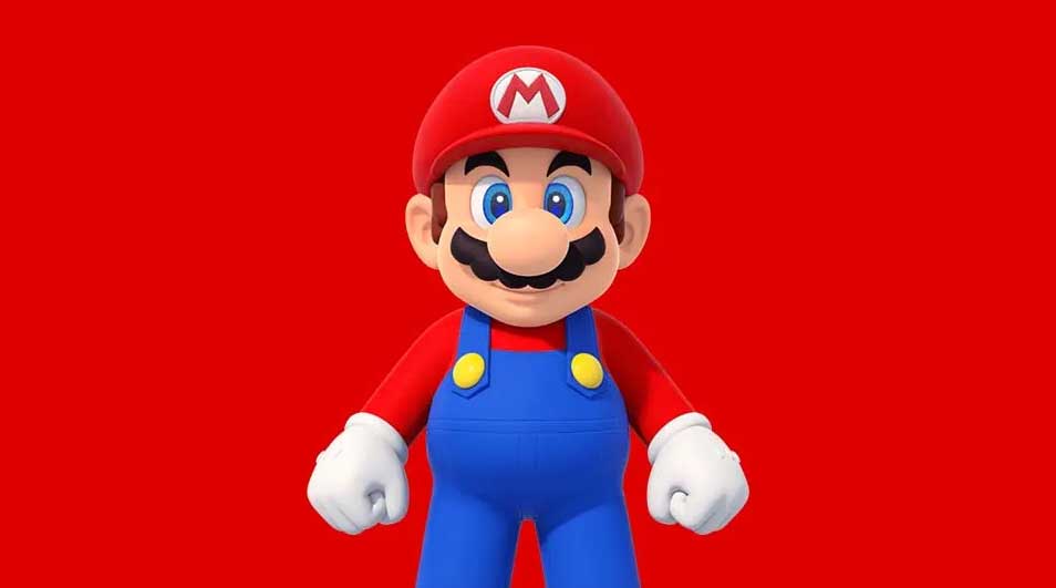 A digital image shows Mario in a red cap and shirt, blue overalls, and white gloves against a solid red background.