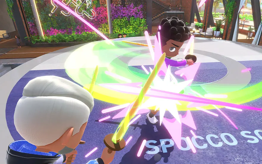 Splatoon gevecht met spelers die kleurrijke inkt spuiten in een moderne arena, vol neonlichten en spectaculaire verf-explosies.