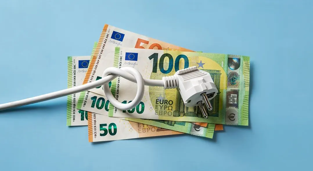 Een stekker met geknoopt snoer ligt op eurobiljetten, als beeld voor energiekosten of stijgende elektriciteitsprijzen.