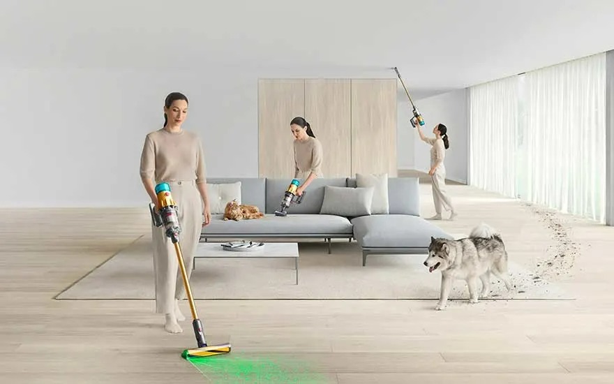 Trois aspirateurs nettoient un salon moderne avec un canapé gris, un chat, un chien et des planchers en bois.