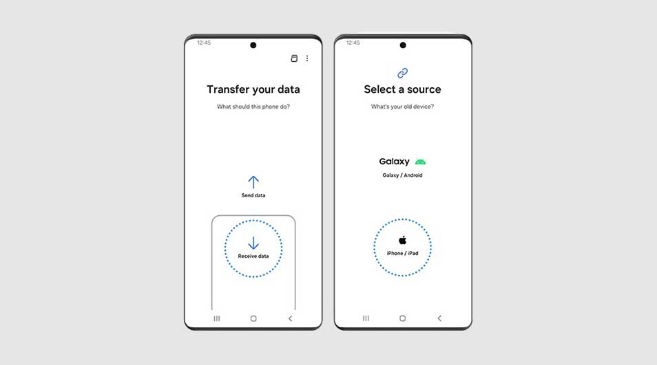 Deux smartphones affichent des écrans de transfert de données et de sélection de source sur un fond gris clair.