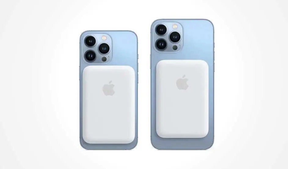 Two blue smartphones are shown from the back, each with a white battery pack attached; triple camera modules sit at the top-left on a white background.