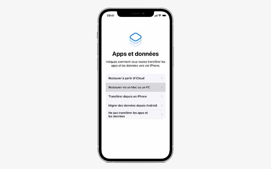 Un iPhone affiche l’écran néerlandais « Apps en gegevens », proposant plusieurs options pour restaurer ou ne pas transférer vos apps et données