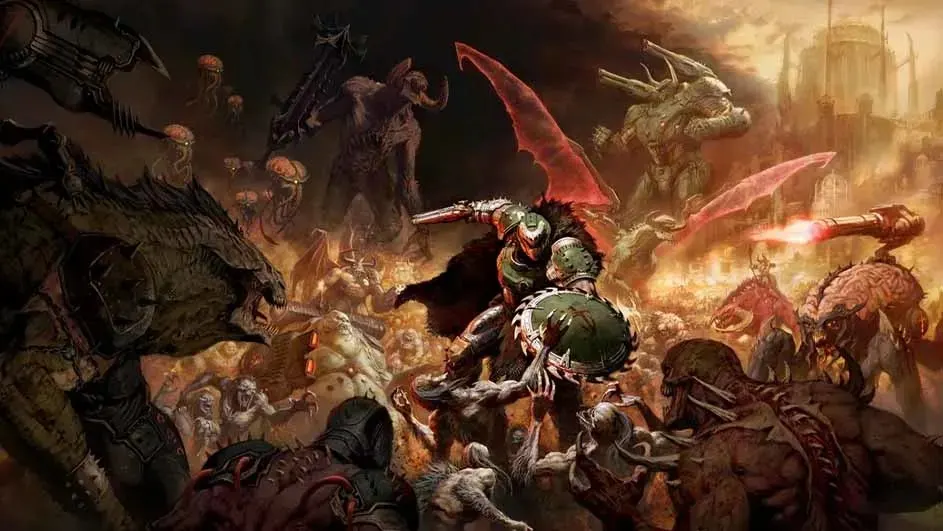 Une scène de bataille fantastique avec des monstres dans des tons de brun et de beige, sous un ciel nuageux et orageux.