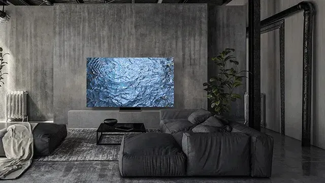 Woonkamer met grijze sofa, tv met blauw waterpatroon, radiator, en plant. Betonnen muren en grijze vloer.