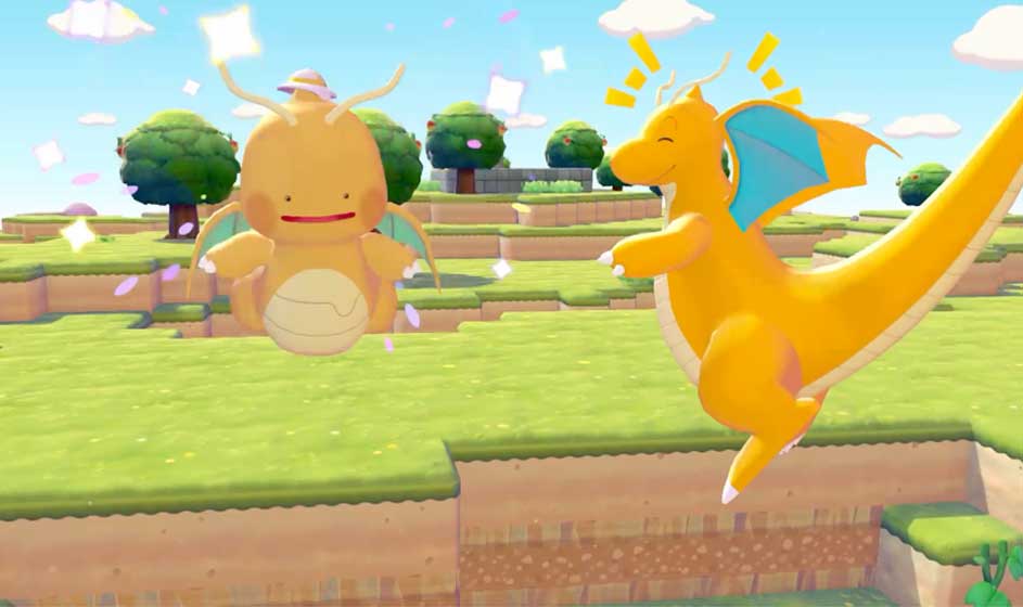 Une scène joyeuse et colorée de deux Pokémon volant au-dessus de prés verts: un grand Dragonite orange plane gaiement, Kangourex reste près de lui.