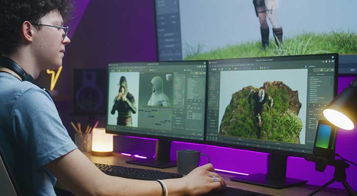 Een bureau met twee computerschermen toont 3D-modellen en groene heuvels. Een lamp verlicht het bureau, dat ook een toetsenbord en een muis bevat.