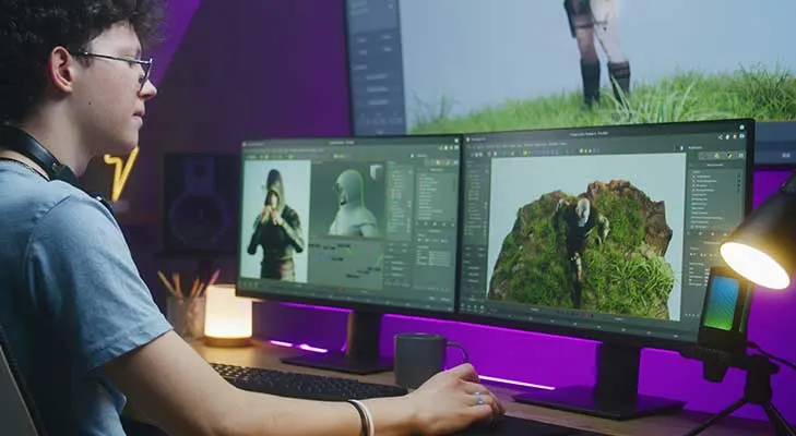 Een bureau met twee computerschermen toont 3D-modellen en groene heuvels. Een lamp verlicht het bureau, dat ook een toetsenbord en een muis bevat.