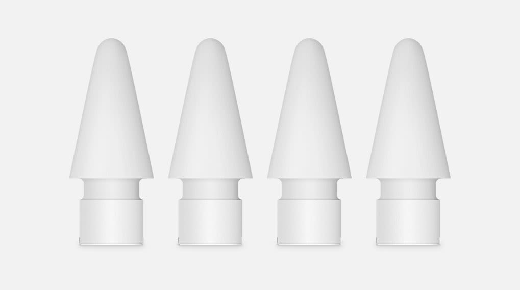 Vier witte, kegelvormige penpunten staan op een rij tegen een witte achtergrond.